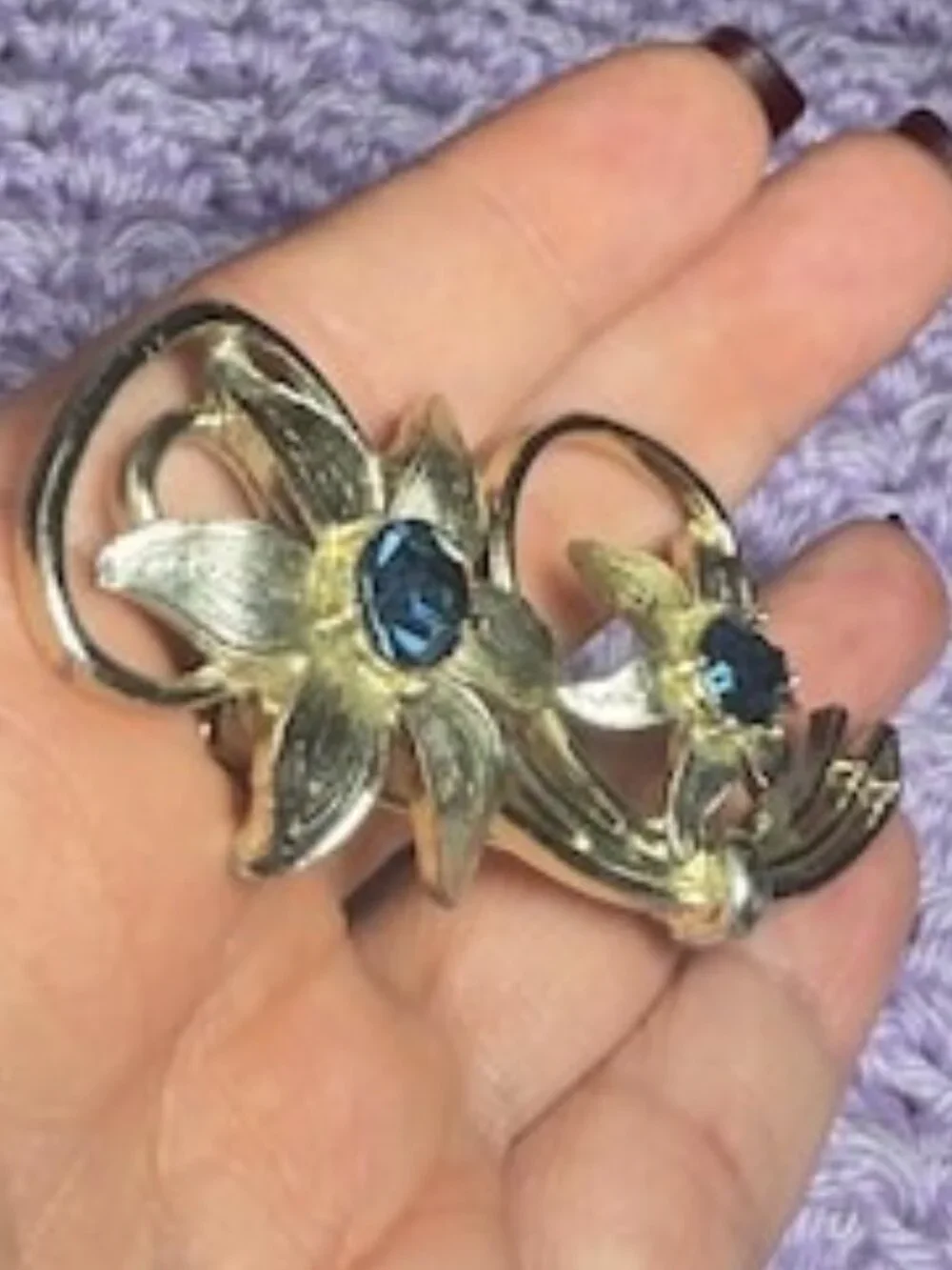 Vintage Blue Rhinestone Floral Brooch Silver Tone Flower Spray Pin 3 inches